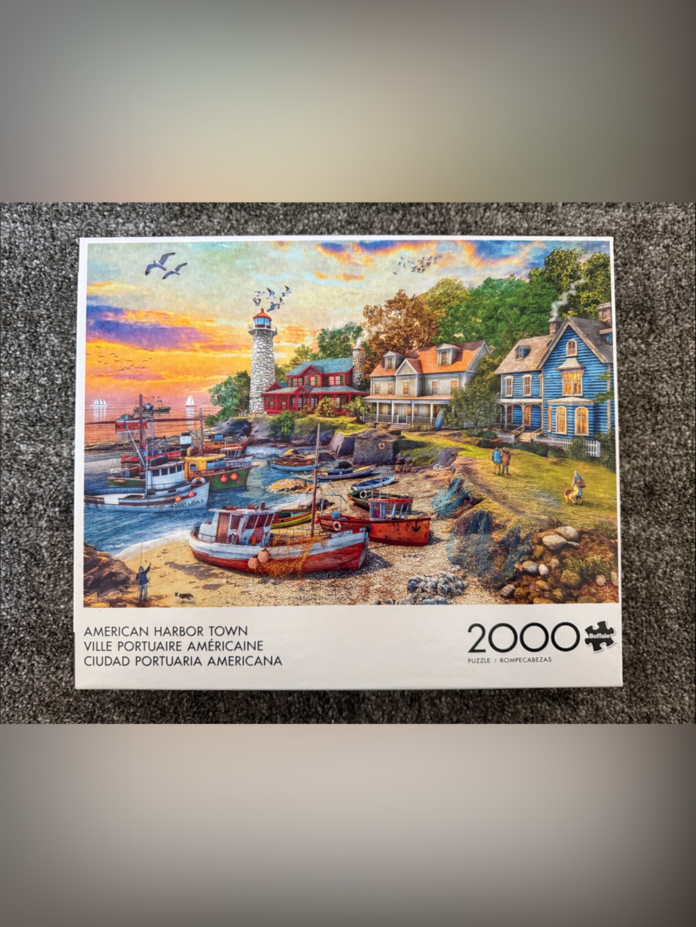 American Harbor Town 2000-Piece Puzzle – Coastal Scene in Blue & Red